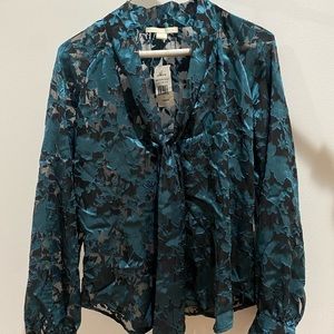 NWT Cooper & Ella Moira Tie Front Blouse Green/Black Size Small